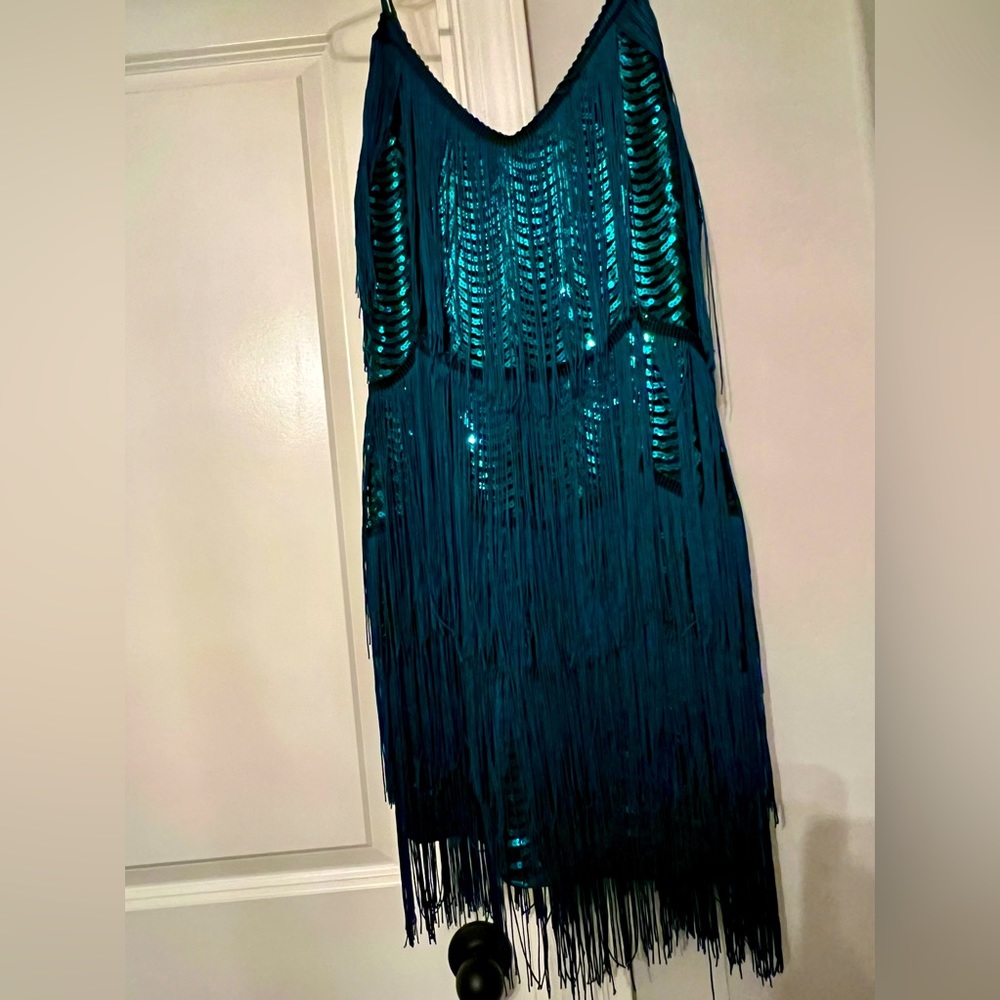 Lulus Emerald green fringe and sequin bodycon dress.